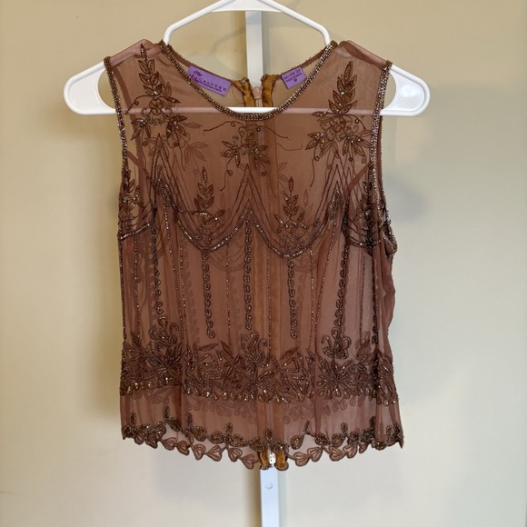 Calypso Brown Silk Beaded Top‎ Medium Sleeveless Feminine Dainty Elegant Formal - Picture 1 of 4